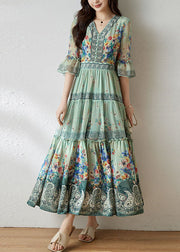 Art Light Green V Neck Ruffled Print Silk Long Dress Flare Sleeve