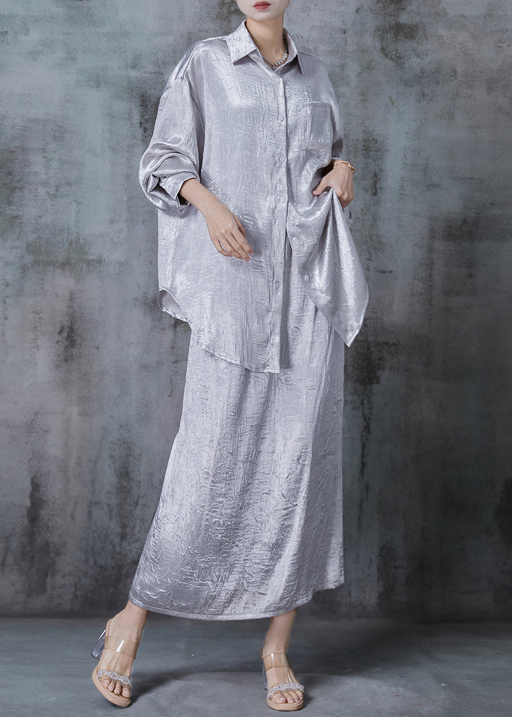 Art Light Grey Oversized Wrinkled Silk Two Pieces Set Spring