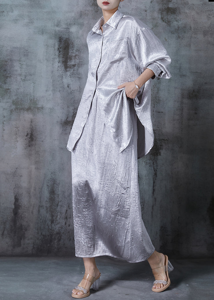 Art Light Grey Oversized Wrinkled Silk Two Pieces Set Spring