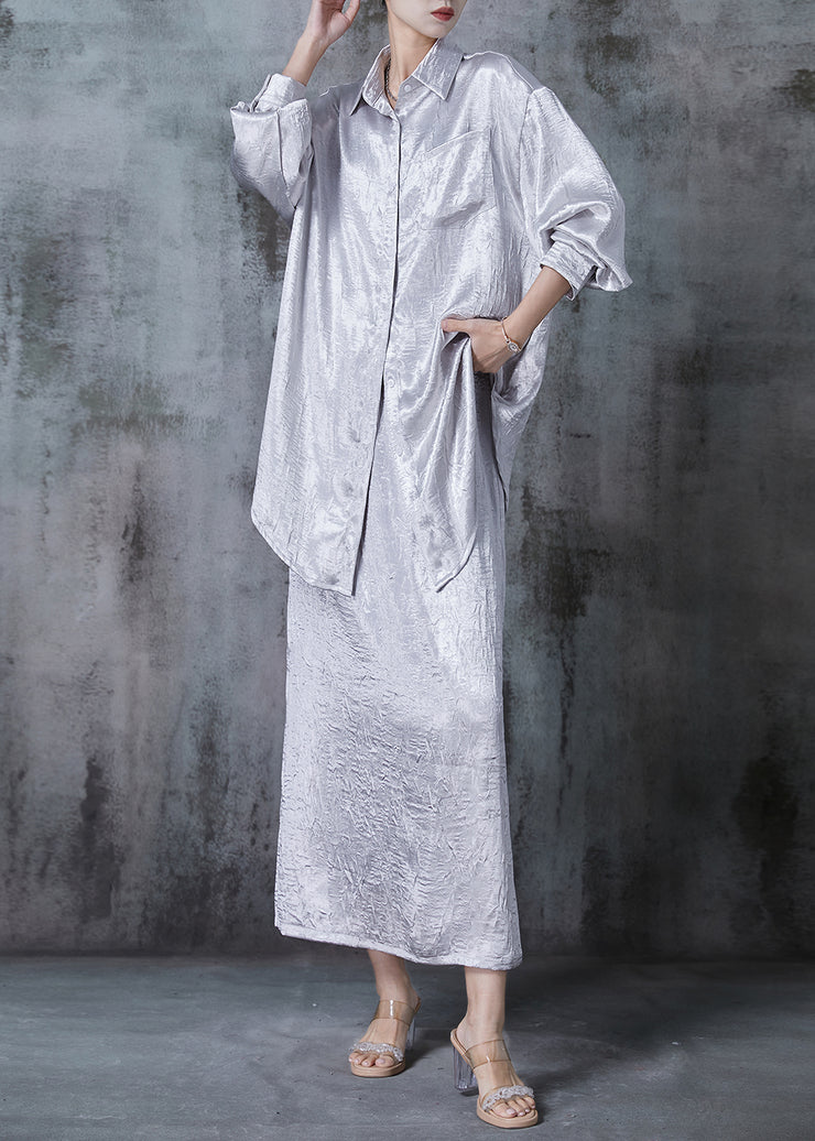 Art Light Grey Oversized Wrinkled Silk Two Pieces Set Fall