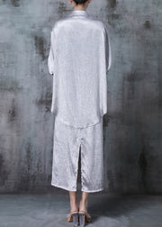 Art Light Grey Oversized Wrinkled Silk Two Pieces Set Spring