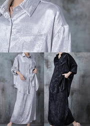 Art Light Grey Oversized Wrinkled Silk Two Pieces Set Spring