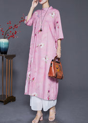 Art Light Purple Print Chinese Button Fine Linen Dress Summer