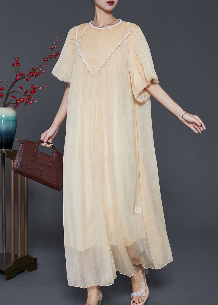 Art Light Yellow Exra Large Hem Nail Bead Chiffon Robe Dresses Summer