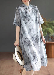 Art Mandarin Collar Bamboo Print Chiffon Dress Summer