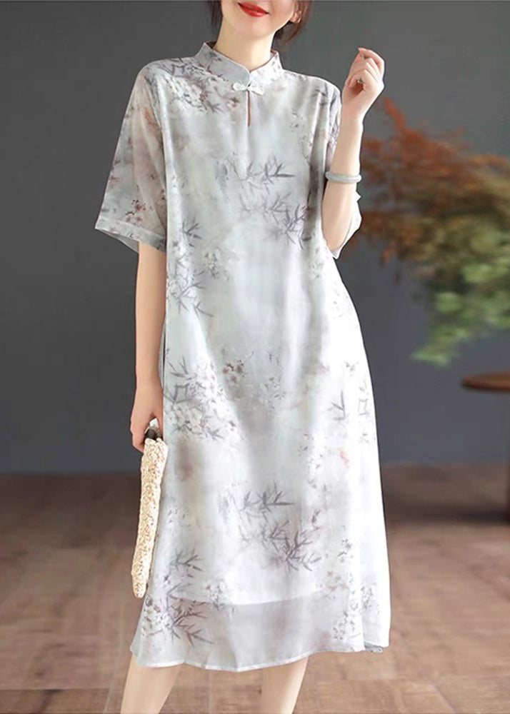 Art Mandarin Collar Bamboo Print Chiffon Dress Summer