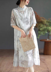 Art Mandarin Collar Bamboo Print Chiffon Dress Summer