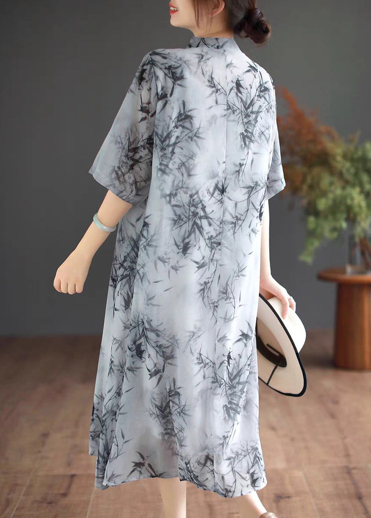 Art Mandarin Collar Bamboo Print Chiffon Dress Summer