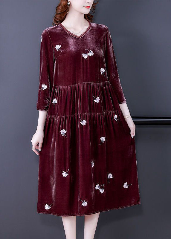 Art Mulberry Embroideried Patchwork Wrinkled Silk Velour Dress Spring