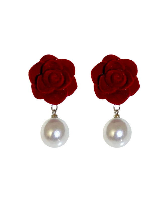 Art Mulberry Flocking Pearl Rose Floral Drop Earrings