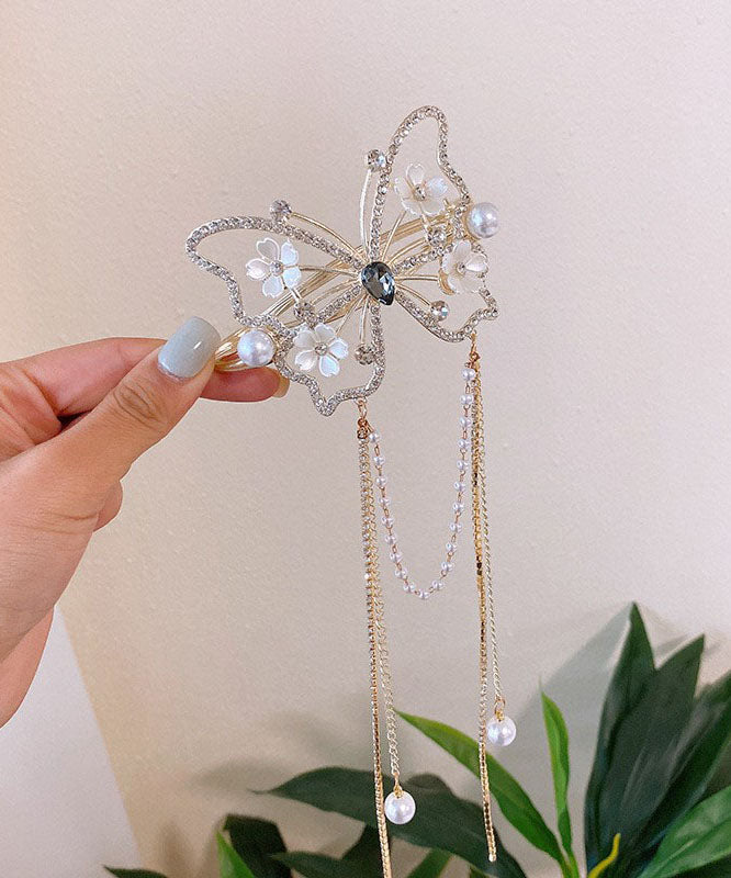 Art Mulberry Overgild Zircon Pearl Butterfly Rose Tassel Hairpin