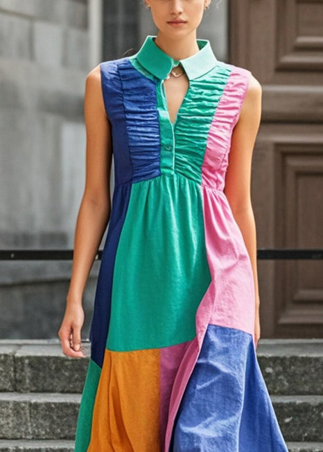 Art Multicolor Stand Collar Patchwork Wrinkled Cotton Dress Summer