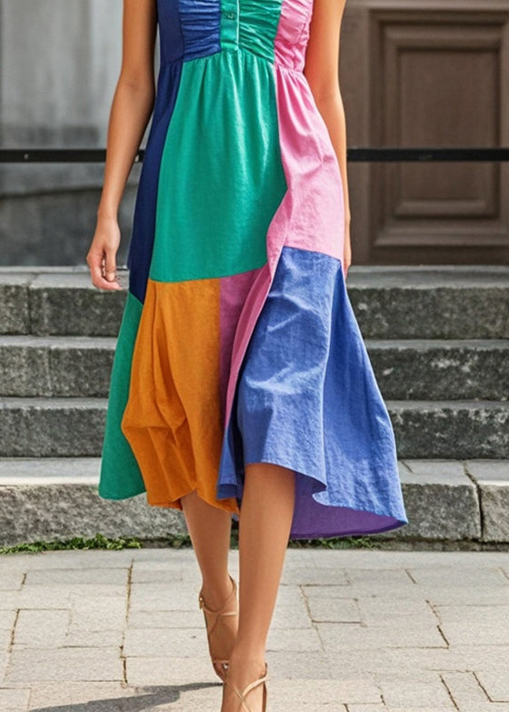 Art Multicolor Stand Collar Patchwork Wrinkled Cotton Dress Summer