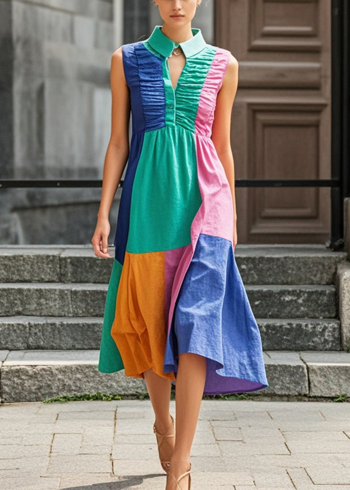 Art Multicolor Stand Collar Patchwork Wrinkled Cotton Dress Summer