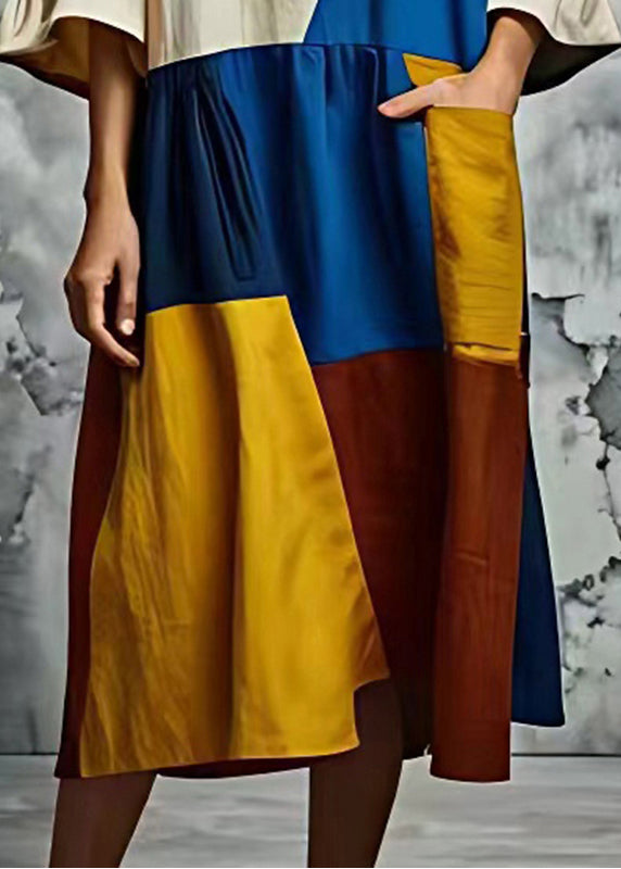 Art Multicolour Asymmetrical Patchwork Cotton Long Dress Summer