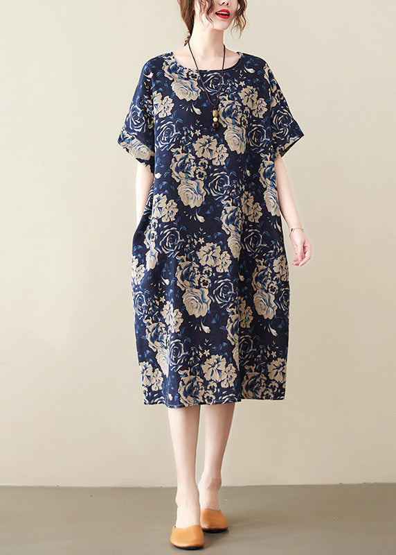 Art Navy Blue O-Neck Print Maxi Dress Short Sleeve