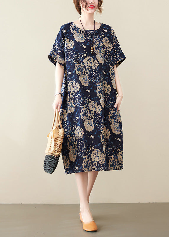 Art Navy Blue O-Neck Print Maxi Dress Short Sleeve