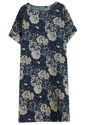 Art Navy Blue O-Neck Print Maxi Dress Short Sleeve