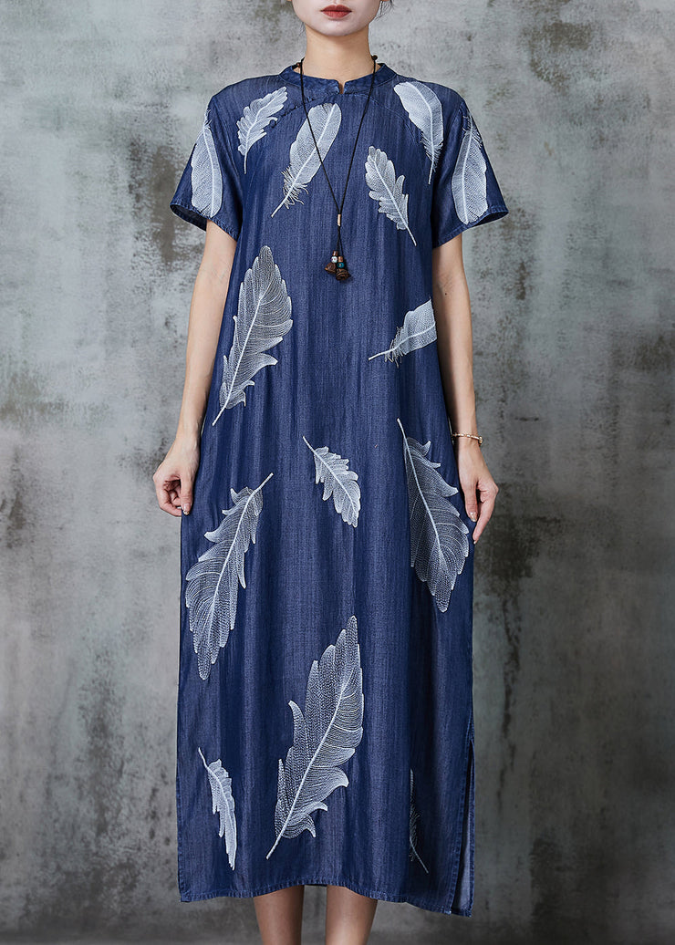 Art Navy Feather Print Denim Cheongsam Dress Summer