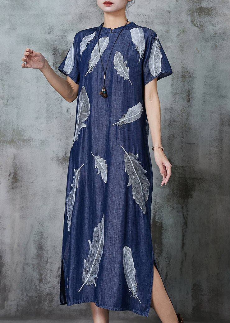 Art Navy Feather Print Denim Cheongsam Dress Summer