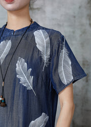 Art Navy Feather Print Denim Cheongsam Dress Summer