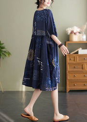 Art Navy O Neck Print Wrinkled Patchwork Cotton Mid Dresses Summer