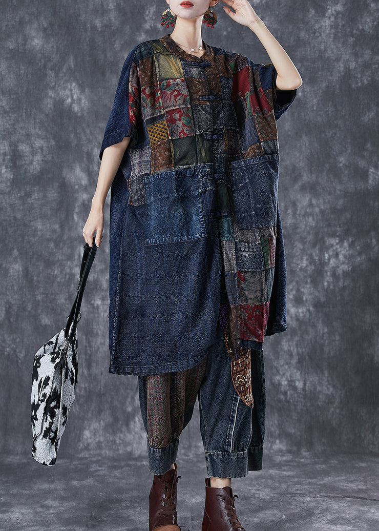 Art Navy Oversized Patchwork Chinese Button Denim Cardigans Summer