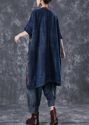 Art Navy Oversized Patchwork Chinese Button Denim Cardigans Summer