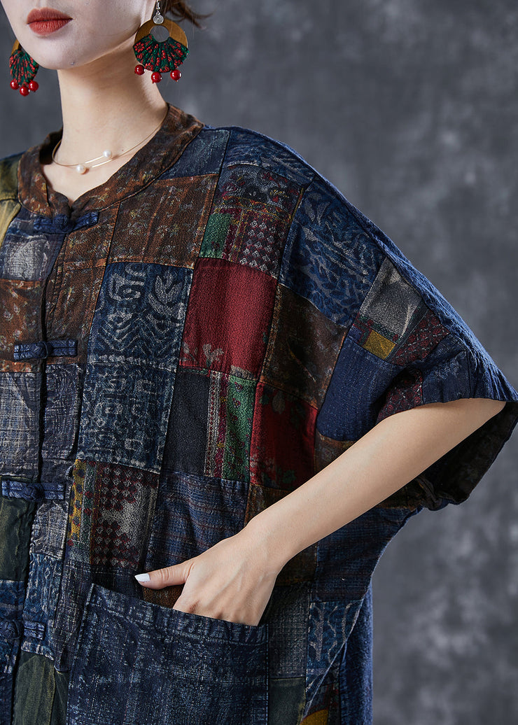 Art Navy Oversized Patchwork Chinese Button Denim Cardigans Summer