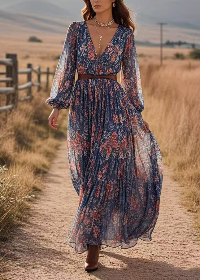 Art Navy Patchwork Tunic Chiffon Maxi Dresses Spring