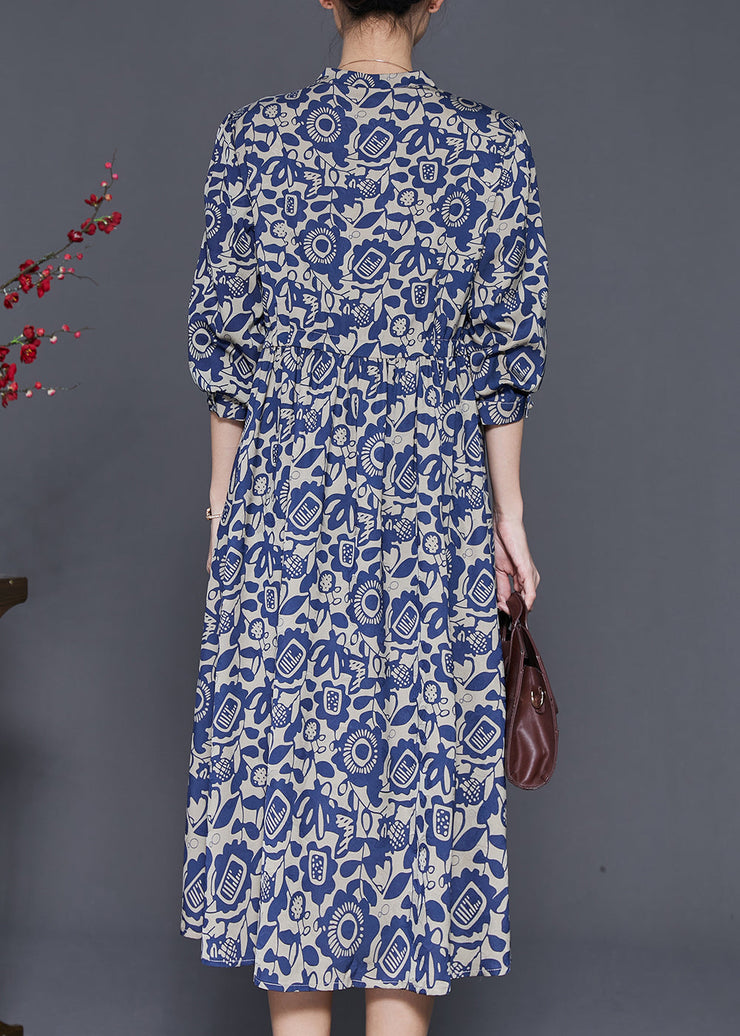 Art Navy Print Wrinkled Silk Shirt Dress Spring