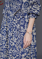 Art Navy Print Wrinkled Silk Shirt Dress Spring