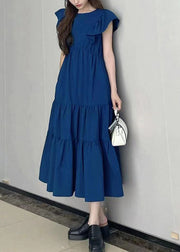 Art Navy Slim Fit Patchwork Wrinkled Cotton Long Dress Petal Sleeve