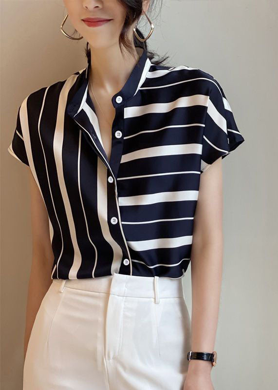 Art Navy Stand Collar Asymmetrical Striped Chiffon Top Short Sleeve