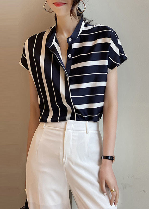 Art Navy Stand Collar Asymmetrical Striped Chiffon Top Short Sleeve