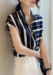 Art Navy Stand Collar Asymmetrical Striped Chiffon Top Short Sleeve