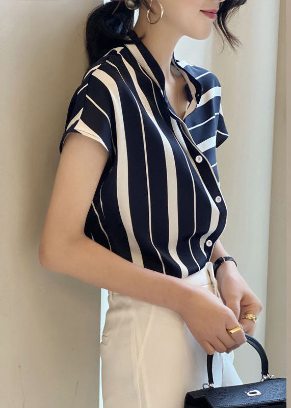 Art Navy Stand Collar Asymmetrical Striped Chiffon Top Short Sleeve