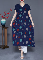 Art Navy V Neck Patchwork Print Cotton Robe Dresses Summer