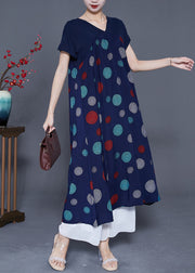 Art Navy V Neck Patchwork Print Cotton Robe Dresses Summer