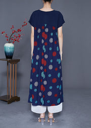 Art Navy V Neck Patchwork Print Cotton Robe Dresses Summer