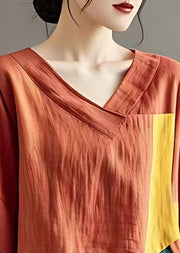 Art Orange Asymmetrical Patchwork Linen Blouse Tops Summer