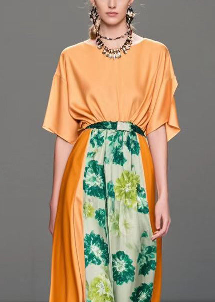 Art Orange Cinched Patchwork Silk Dresses Summer