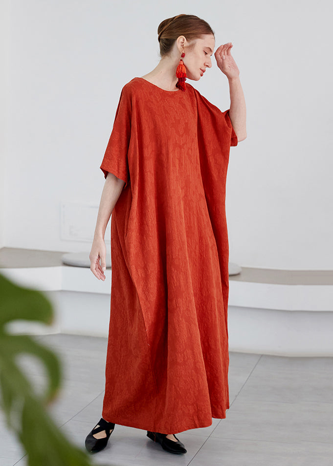 Art Orange O Neck Jacquard Pockets Cotton Robe Dress Summer