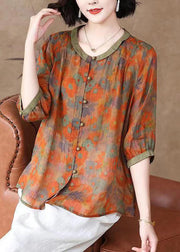 Art Orange O Neck Print Button Patchwork Linen T Shirt Top Summer