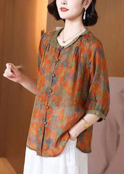 Art Orange O Neck Print Button Patchwork Linen T Shirt Top Summer