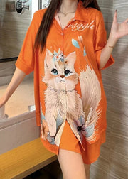 Art Orange Peter Pan Collar Print Ice Silk Pajamas Blouses Dress Spring