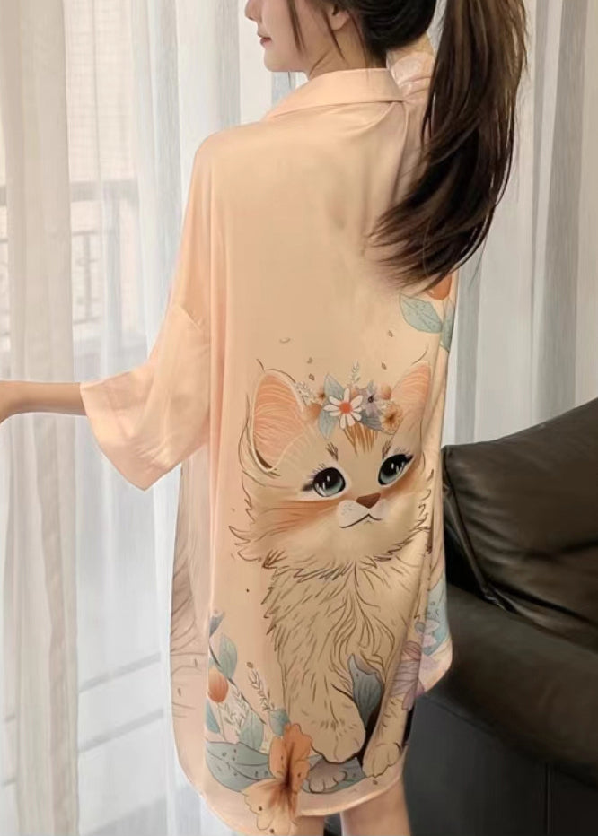 Art Orange Peter Pan Collar Print Ice Silk Pajamas Blouses Dress Spring