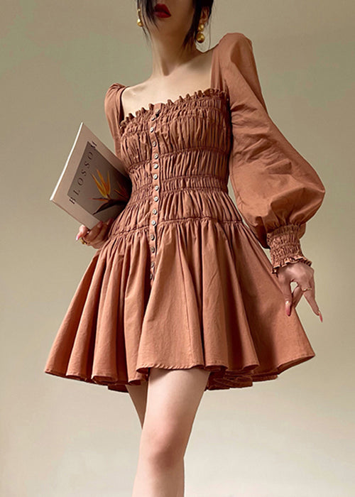 Art Orange Square Collar Ruffled Lace Up Cotton Mid Dress Spring