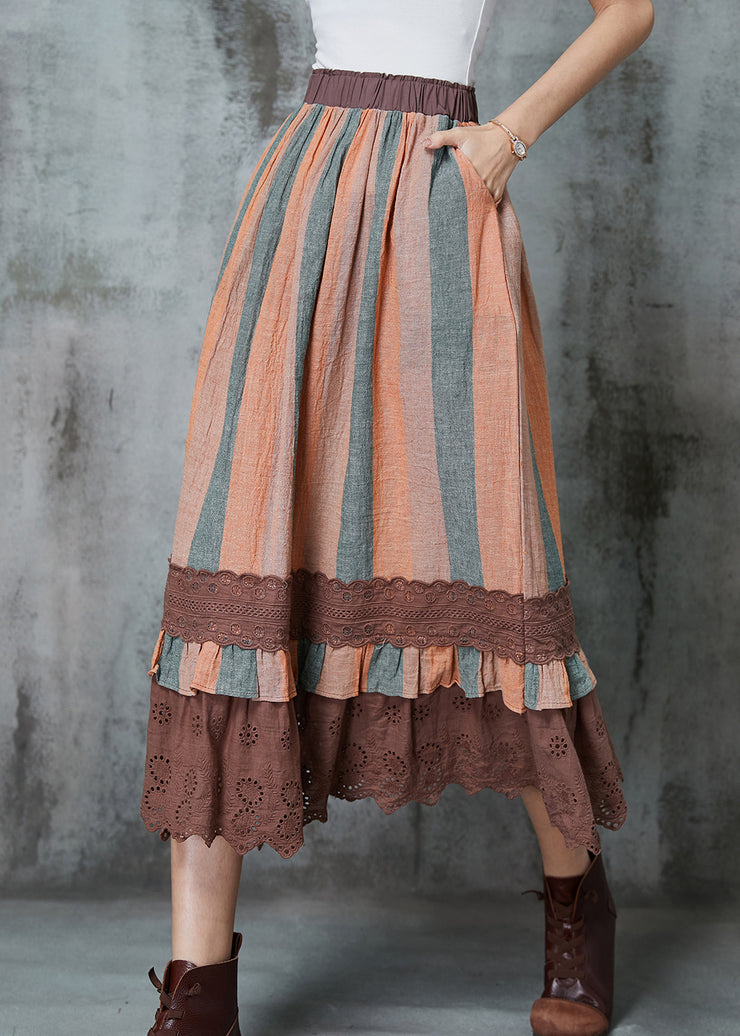 Art Orange Striped Patchwork Lace Linen Skirts Spring