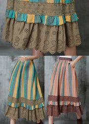 Art Orange Striped Patchwork Lace Linen Skirts Spring